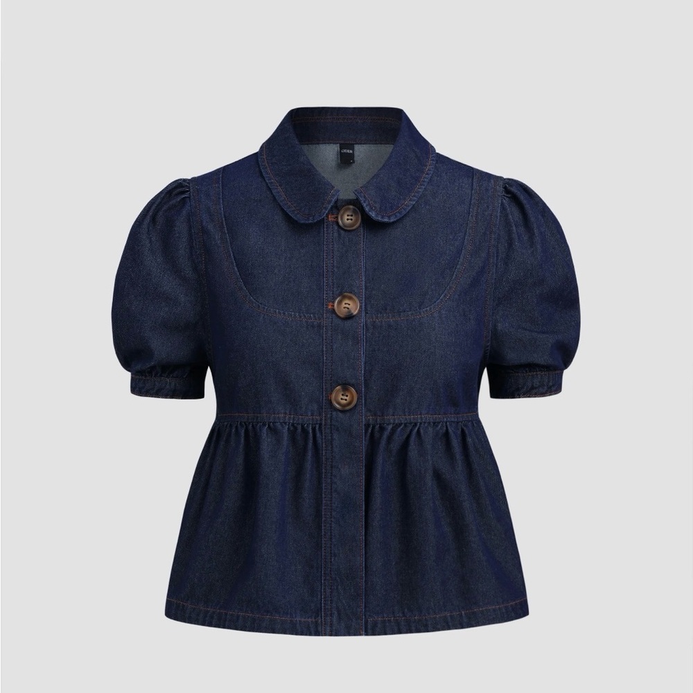 Denim Peter Pan Collar Ruched Puff Sleeve Blouse